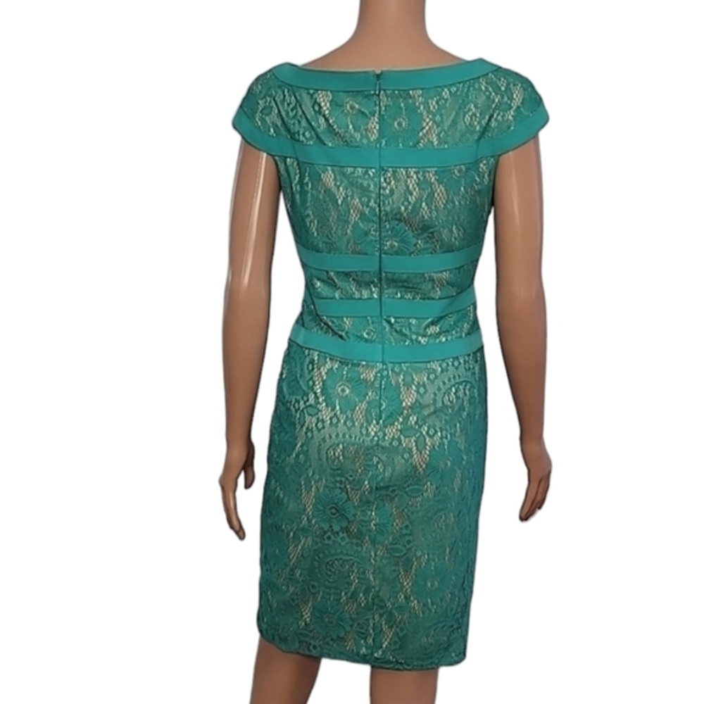 Adrianna Papell Cap Sleeve Lace-Like Overlay Sheath Dress Green & beige Size 4 S - Picture 7 of 11